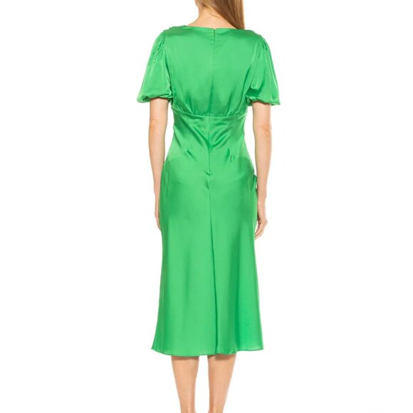 Alexia Admor Green Silky Dress Bust Ruching fitted waist leg slit wedding event - Picture 2 of 7